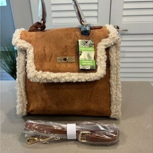 Tan Badgley Mischka with Fur Border Satchel Vegan Leather
